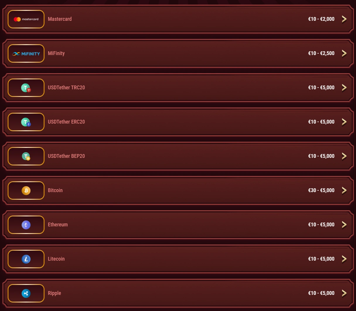 Magius Casino Deposit Methods
